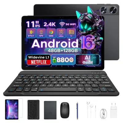 POCKAM P11 PRO 48(8+40)GB+128GB, 11 Zoll, Android 16, 8800mAh, mit Tastatur/Maus/Stift/Hülle usw, BT5.0, 5G WiFi, Gemini AI, 3.5mm Kopfhöreranschluss
