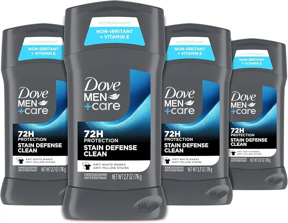 Dove Men+Care Deodorant Stick 4 Count Stain Defense Clean for Men, Anti-white Marks & Anti-yellow Stains with 72-hour Sweat and Odor Protection 2.7 oz