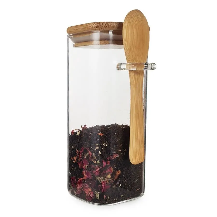 Frasco de Vidrio Cuadrado Otten SY-SS6612 390 ml Tapa Bambú con Cuchara 6x6x...