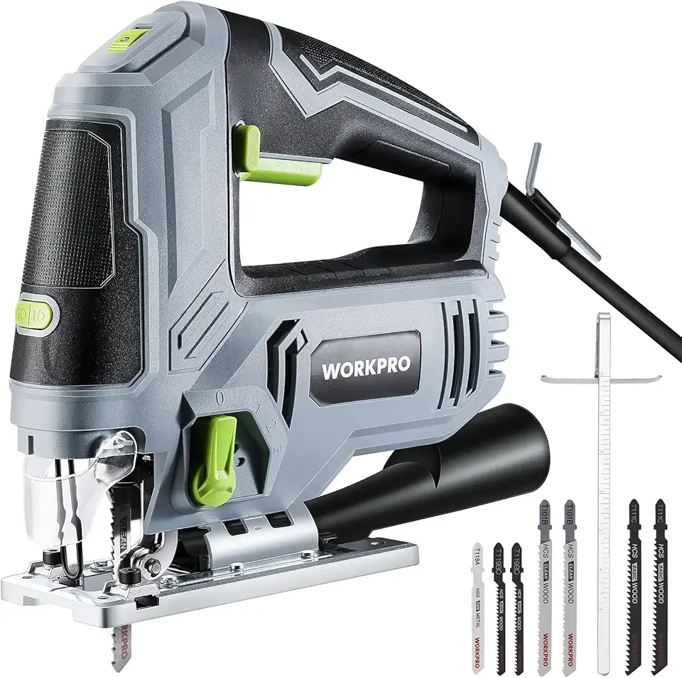 WORKPRO Jigsaw, 6.5AMP 850W Corded Electric Jig Saw Tool Kit with 6 Variable Speeds, 7 Blades, ±45° Bevel Cutting, LED Light, 3000 SPM, 4 Orbital Settings, Edge Guide, Tool-free Blade Changing