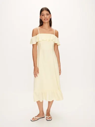 Frill Linen Blend Midi Dress