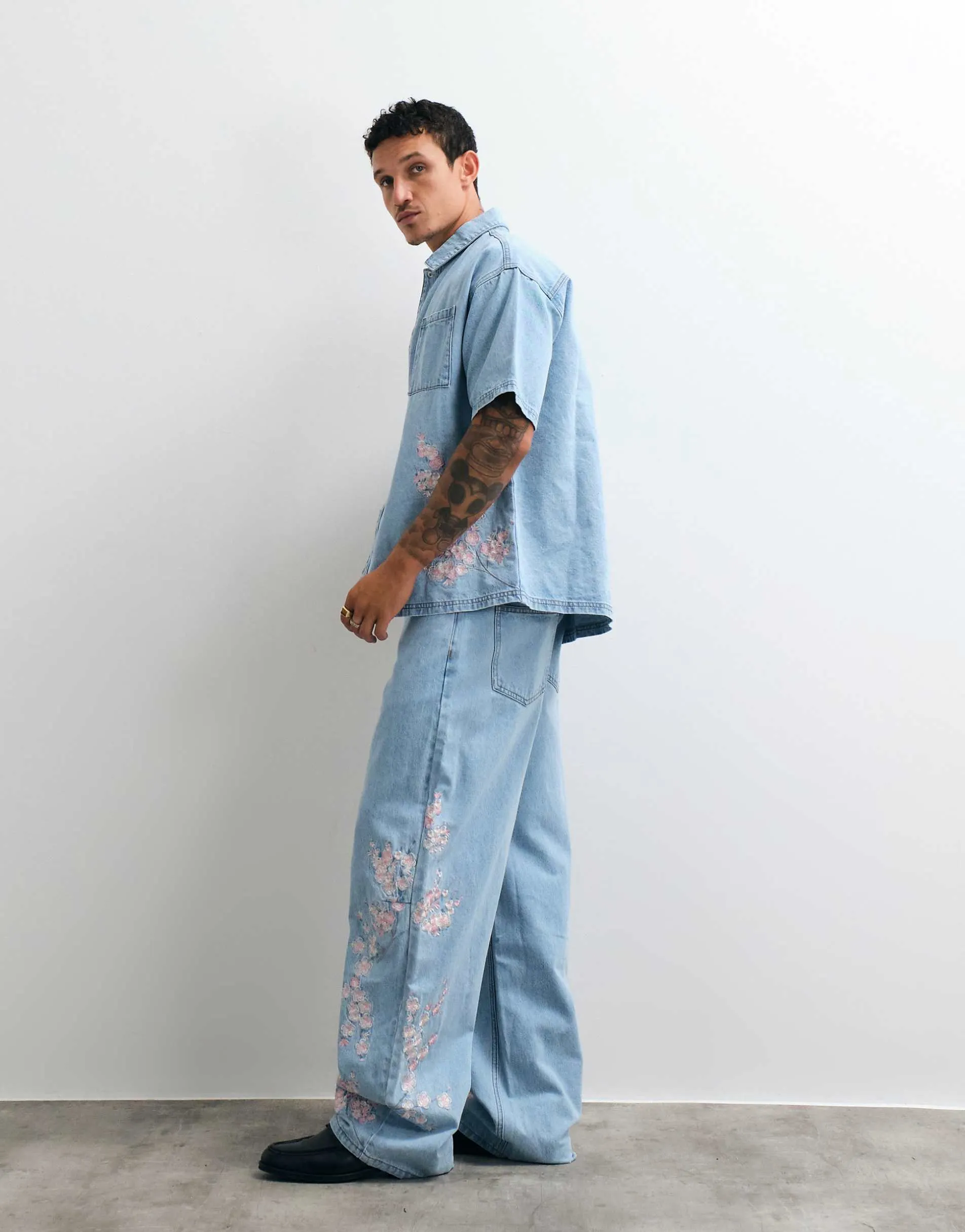 Liquor N Poker relaxed japanese blossom print embroidered jeans co-ord in light wash blue