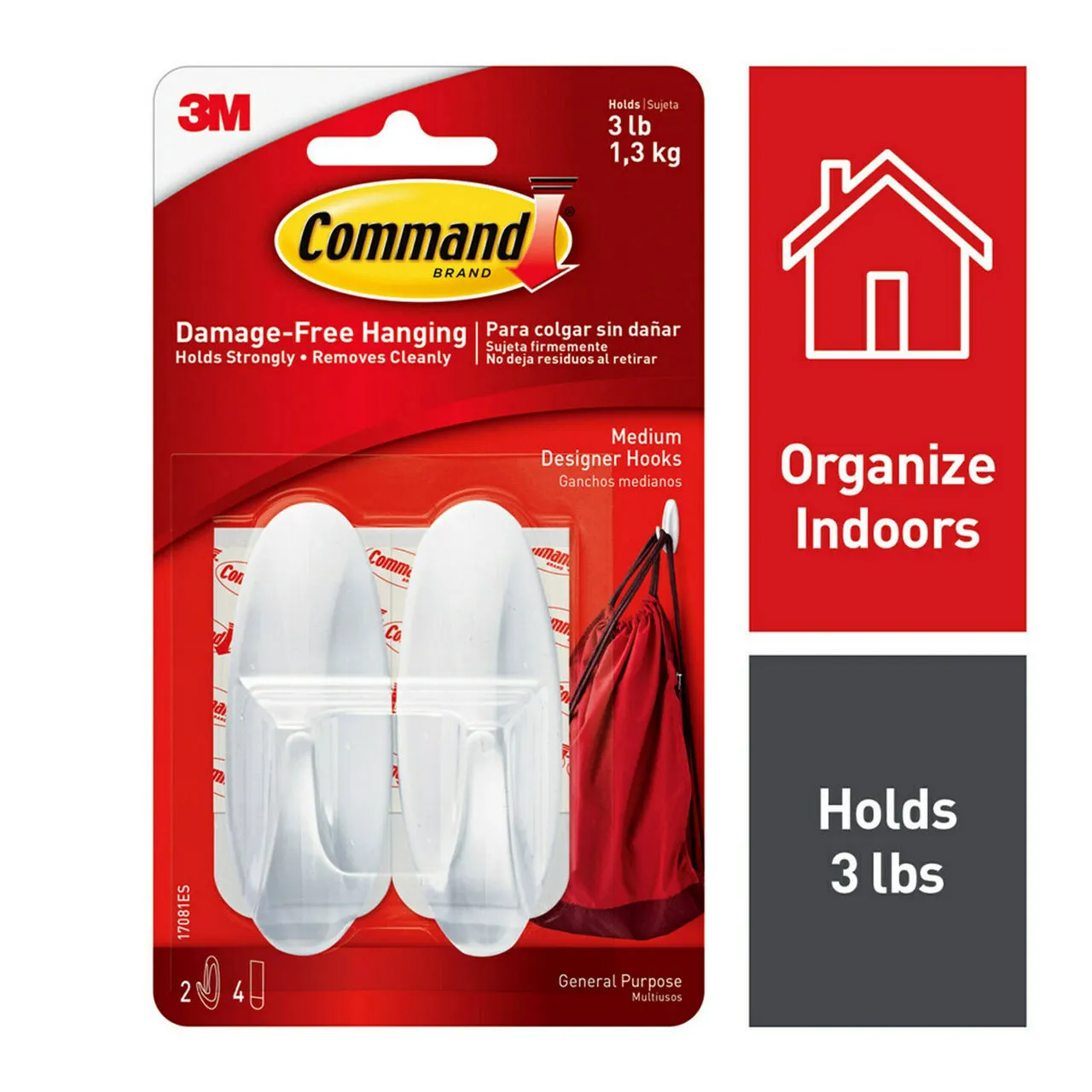 Command Medium White Designer Hooks, 2 Hooks, 4 Strips, Damage Free Hanging Wall Hooks with Adhesive Strips, No Tools Required for Hanging, Organization and Storage, Holds up to 3 lb