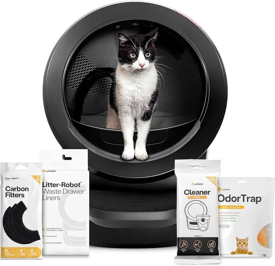 Whisker Litter-Robot 4 Supply Bundle, Black | Automatic, Self-Cleaning Cat Litter Box, Includes 3 OdorTrap Refills, 10 Liners, 30 Cleaner Wipes, & 2 Carbon Filters