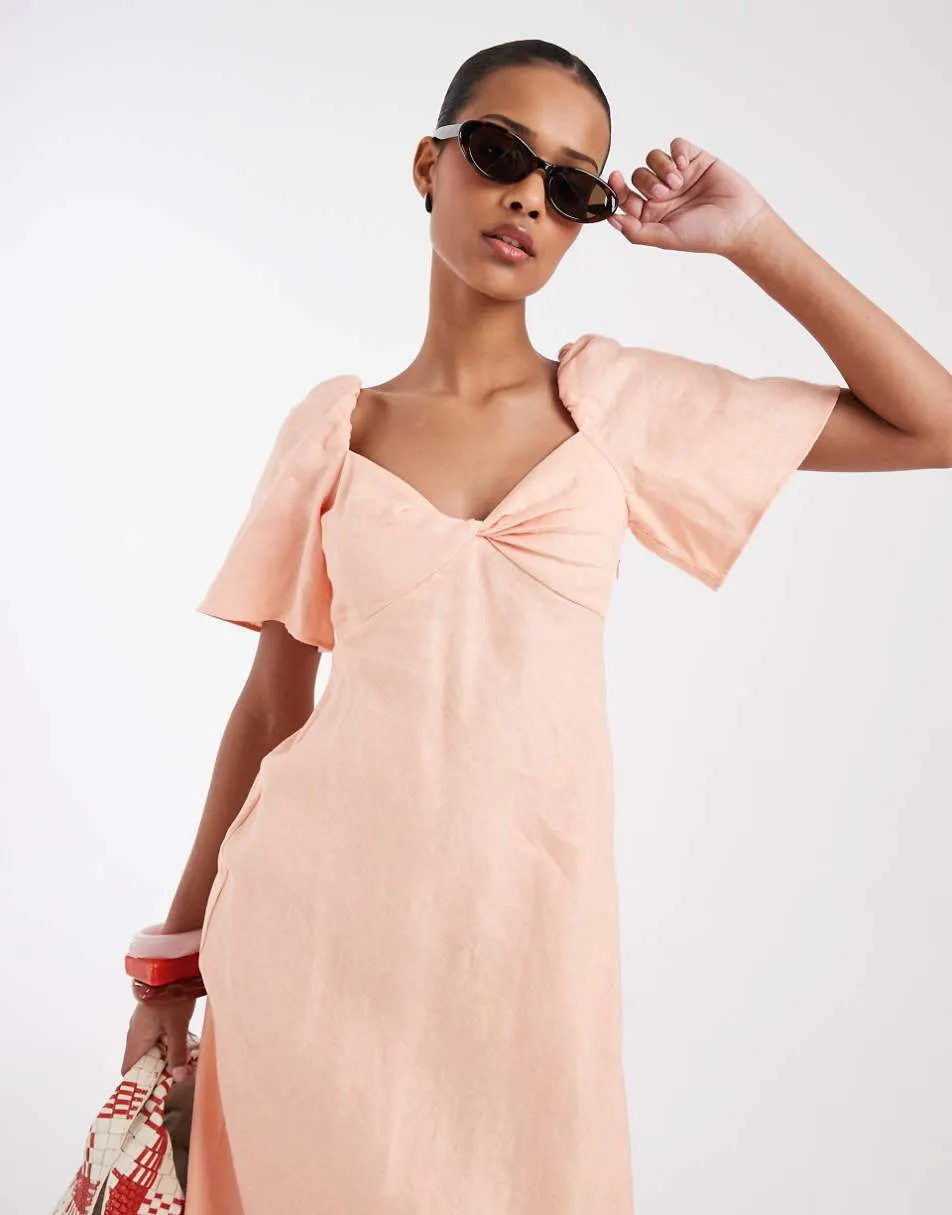& Other Stories linen puff sleeve midaxi dress with twist sweetheart neckline in peach pink