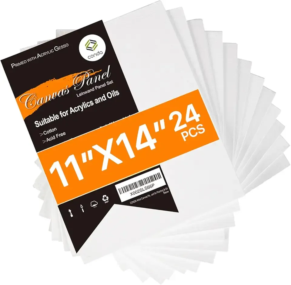 CONDA Canvas Boards for Painting,100% Cotton Canvas Panels, White Blank Canvases, Primed, Acid-Free, Artist Quality for Acrylic, Pouring Watercolor & Oil Painting 11 x 14 inch, 24 Pack