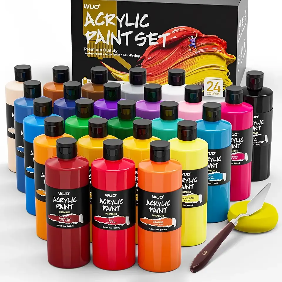 WUO 24 Colors Professional Large Acrylic Paint Set, 8.45oz/250ml Bottles, Rich Pigments Bulk Art Supplies for Adults Artist Beginners on Canvas Wood Fabric Ceramic Rock Crafts, with Spatula & Sponge