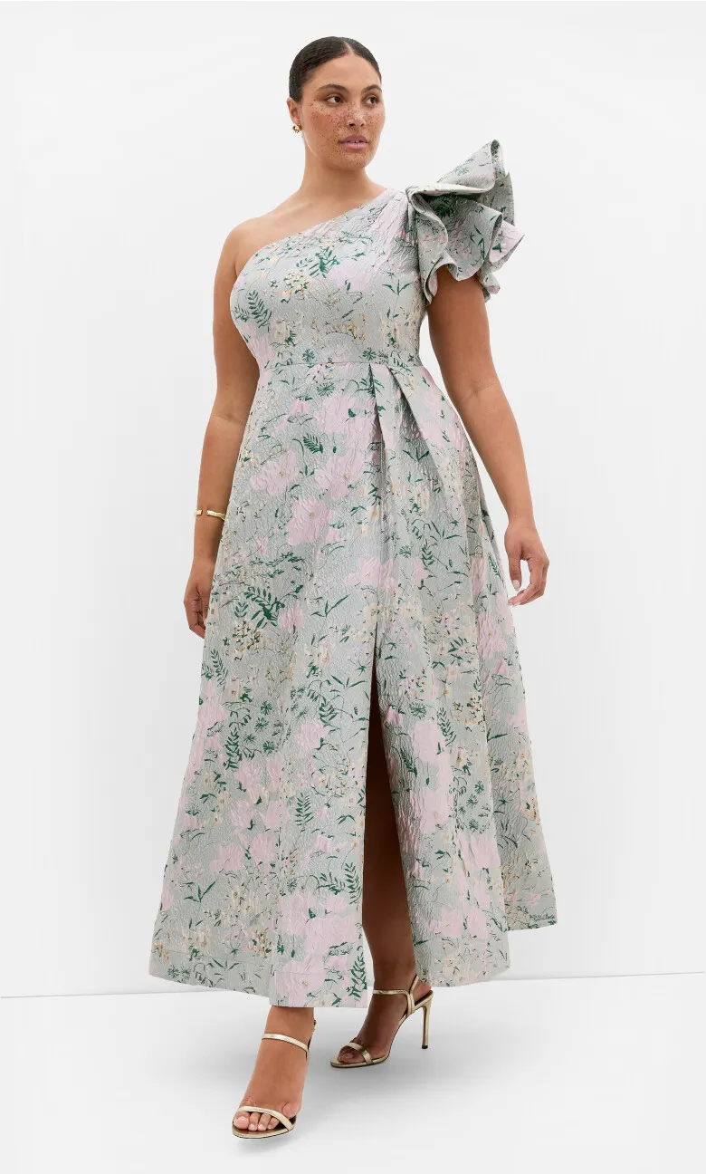 Enchanting One Shoulder Jacquard Gown - silver