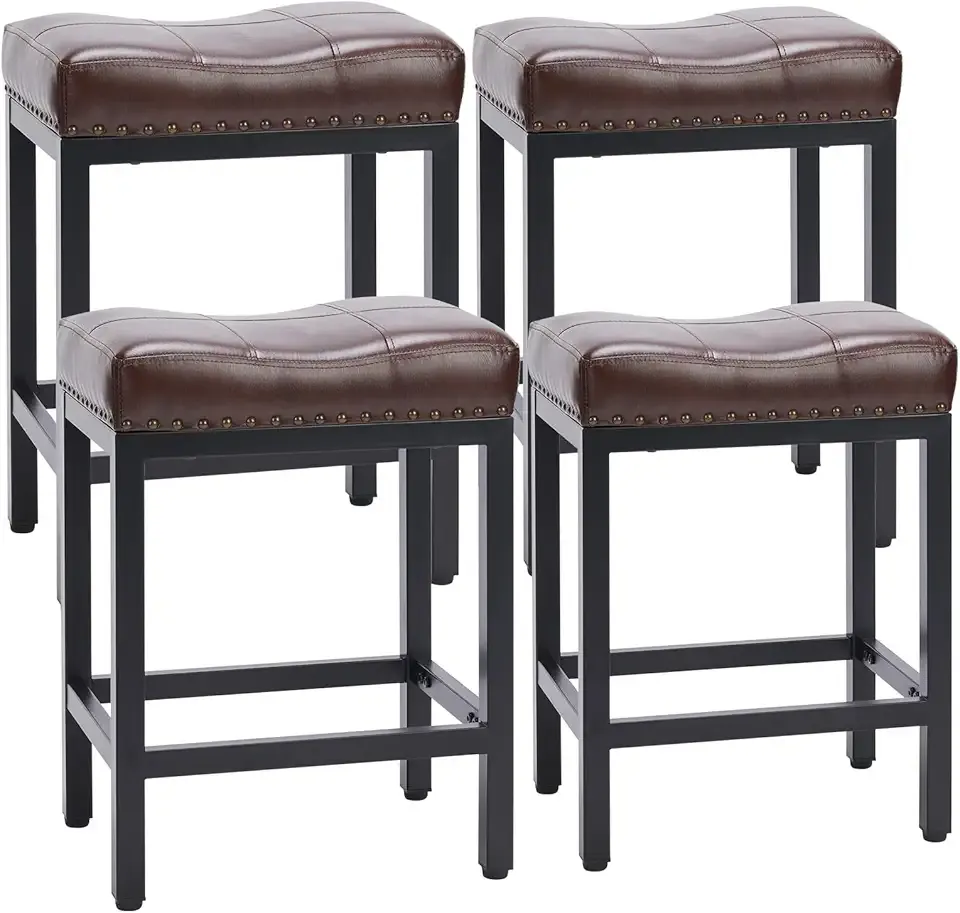 Sweetcrispy Bar Stools Set of 4, 24 Inch Counter Height Stools, PU Leather Upholstered Bar Chairs with Footrest, Modern Bar Stools for Kitchen Island, Dining, Living Room, Brown