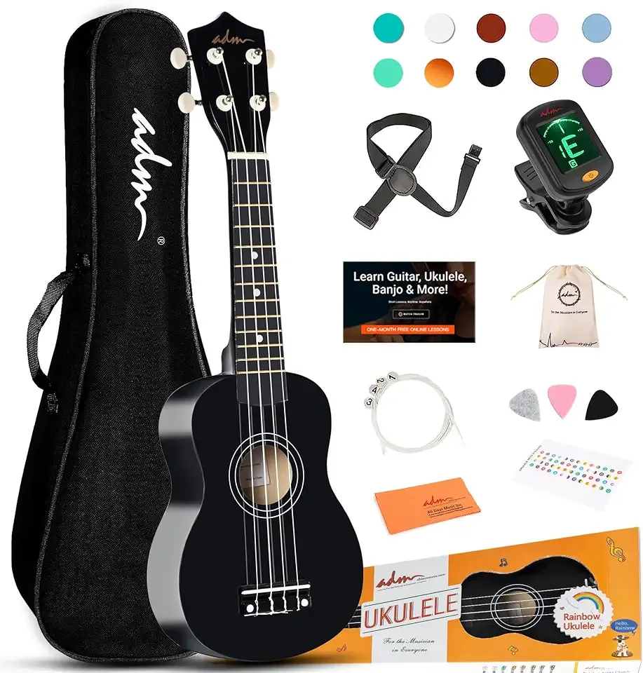 ADM Ukulele for Beginners Hawaiian Wood Ukelele Kit for Kids Adult Student Starter Professional Ukalelee Pack Bundle with Free Lessons Gig Bag Strap Nylon String Tuner (Black, 21 Inch)
