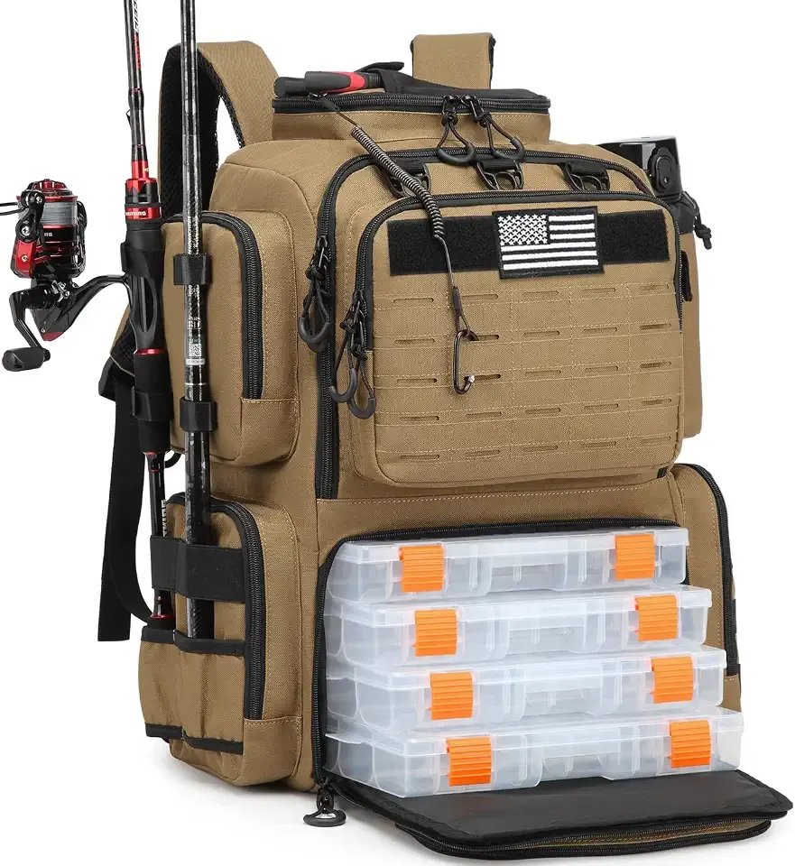 Tactical Fishing Backpack with 4 Tackle Boxes, Rod Holders & Bottle Holder | 50 L Large Insulated Fishing Tackle Backpack with Cooler, Fishing Bag for Store Gear & Equipment