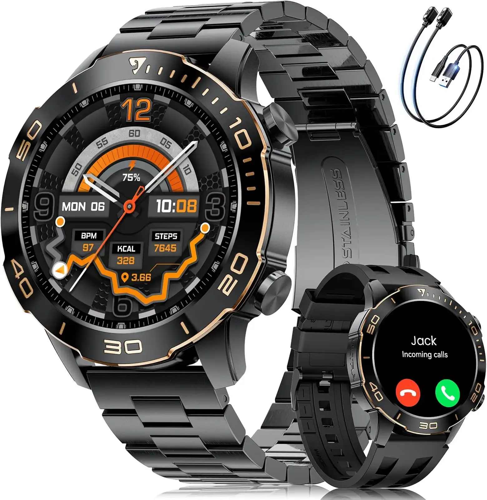 Smart Watches for Men Luxury for Android iPhone/50 Day Battery,Fitness Watch with Heart Rate/Blood Pressure/Sleep Monitor,Men's Smartwatch Amoled Display,100+ Sport Modes,IP68 Waterproof,Black, 40mm