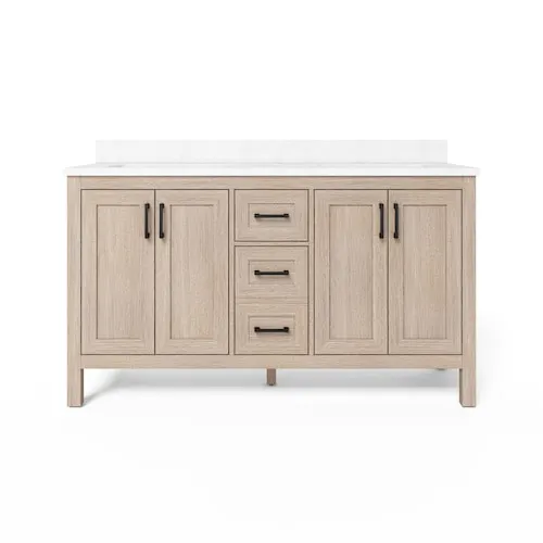 Ellia 60-inch W 4-Door & 3-Drawer Oak Wood Bathroom Vanity Double Undermount Sinks with White Engineered Stone Top