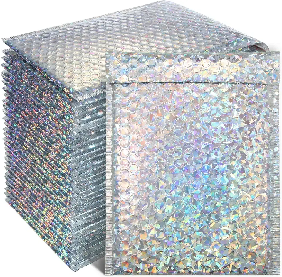 Outus 30 Pcs 7 x 11 Inch Holographic Bubble Mailers Waterproof Padded Shipping Envelopes Cute Bubble Padded Self Sealing Cushion Envelopes for Mailing Shipping Packing