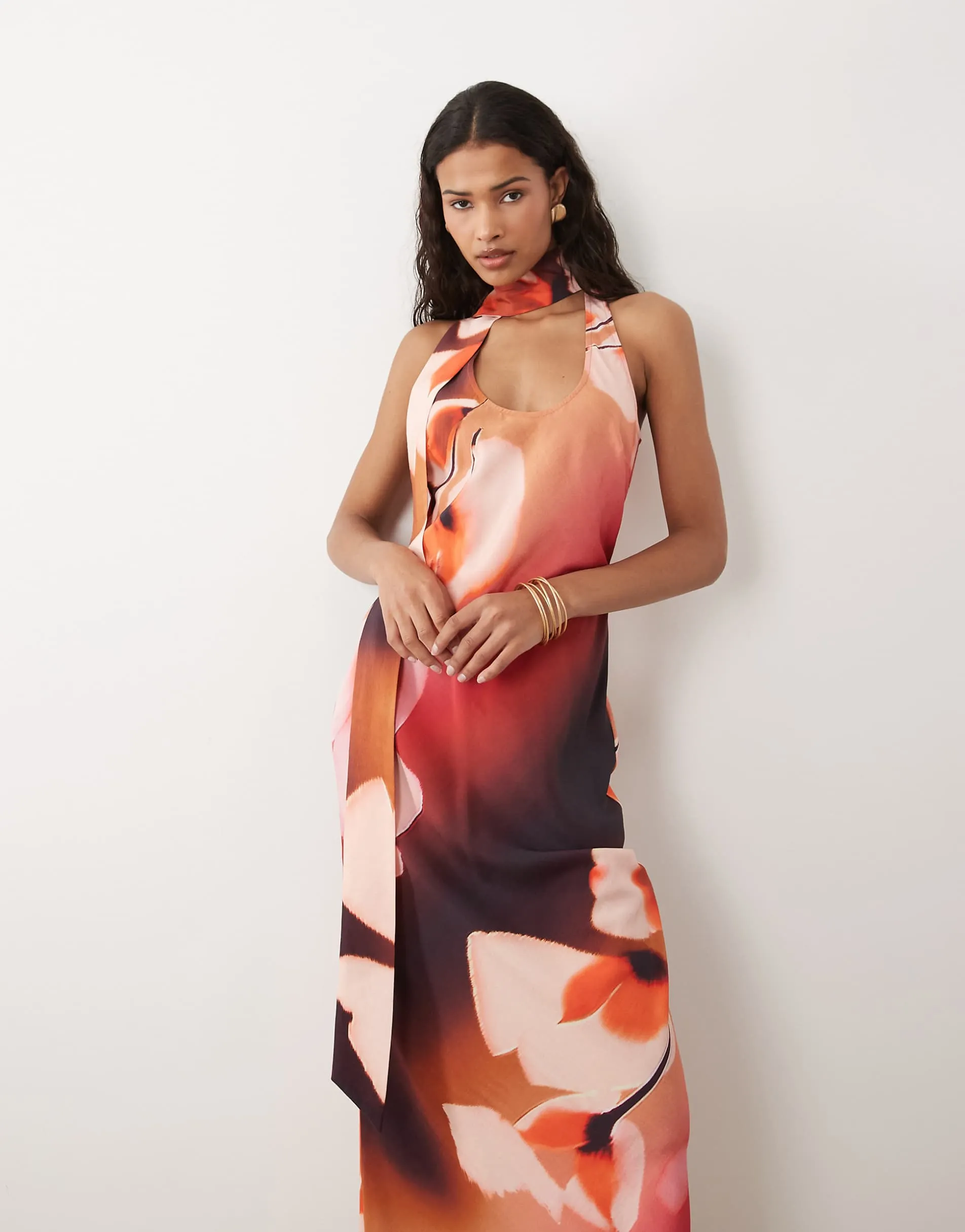 ASOS DESIGN techy scoop neck maxi dress with scarf in pink floral print