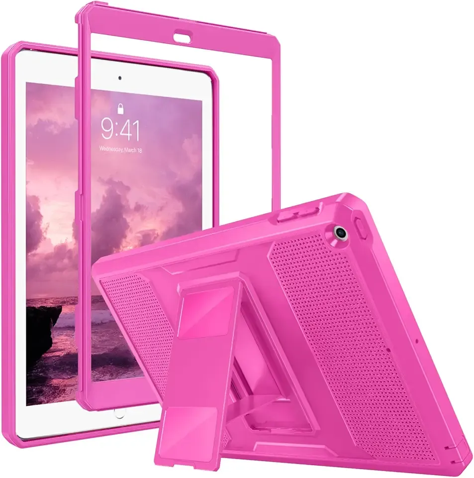 MoKo Case Fit 2018/2017 iPad 9.7 6th/5th Generation - [Heavy Duty] Shockproof Full Body Rugged Hybrid Cover with Built-in Screen Protector Compatible with Apple iPad 9.7 Inch 2018/2017, Persian Pink