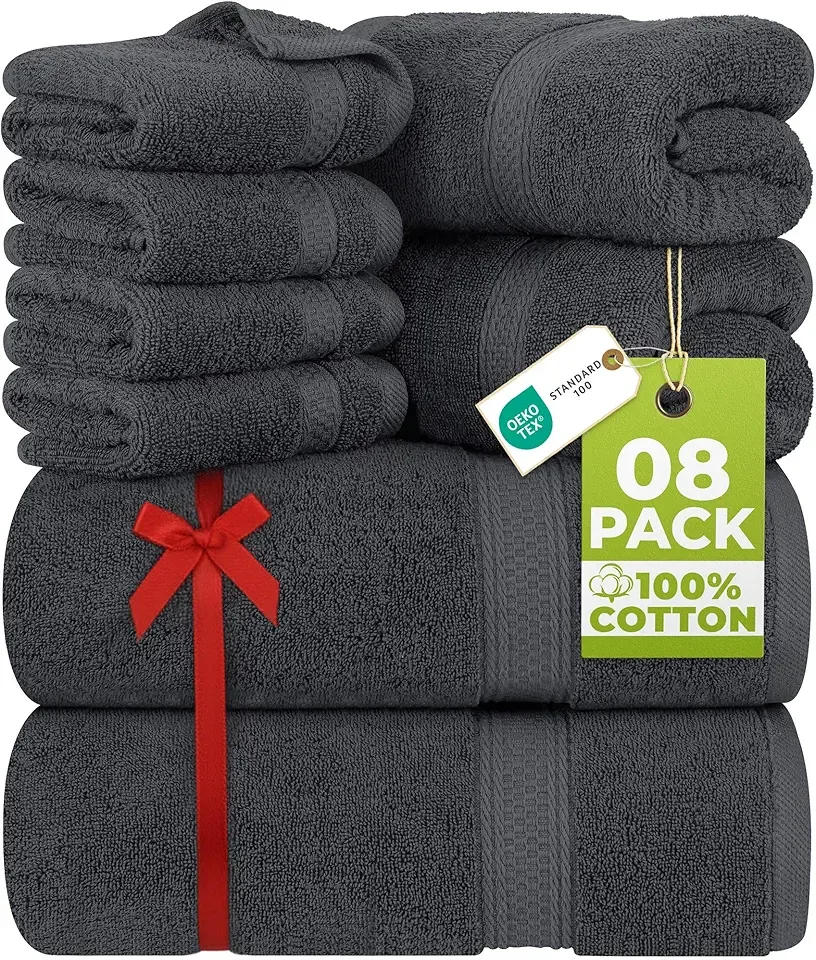 Utopia Towels 8 Piece Premium Towel Set, 2 Bath, 2 Hand, and 4 Wash Cloths, 600 GSM 100% Ring Spun Cotton, Highly Absorbent Towels for Bathroom, Gym, Hotel, and Spa, Grey