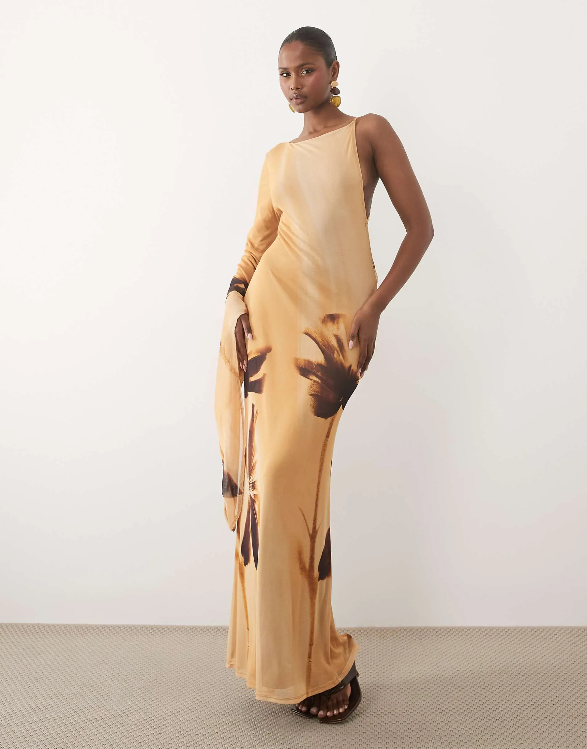 ASOS DESIGN drape scarf sleeve mesh maxi dress in brown floral