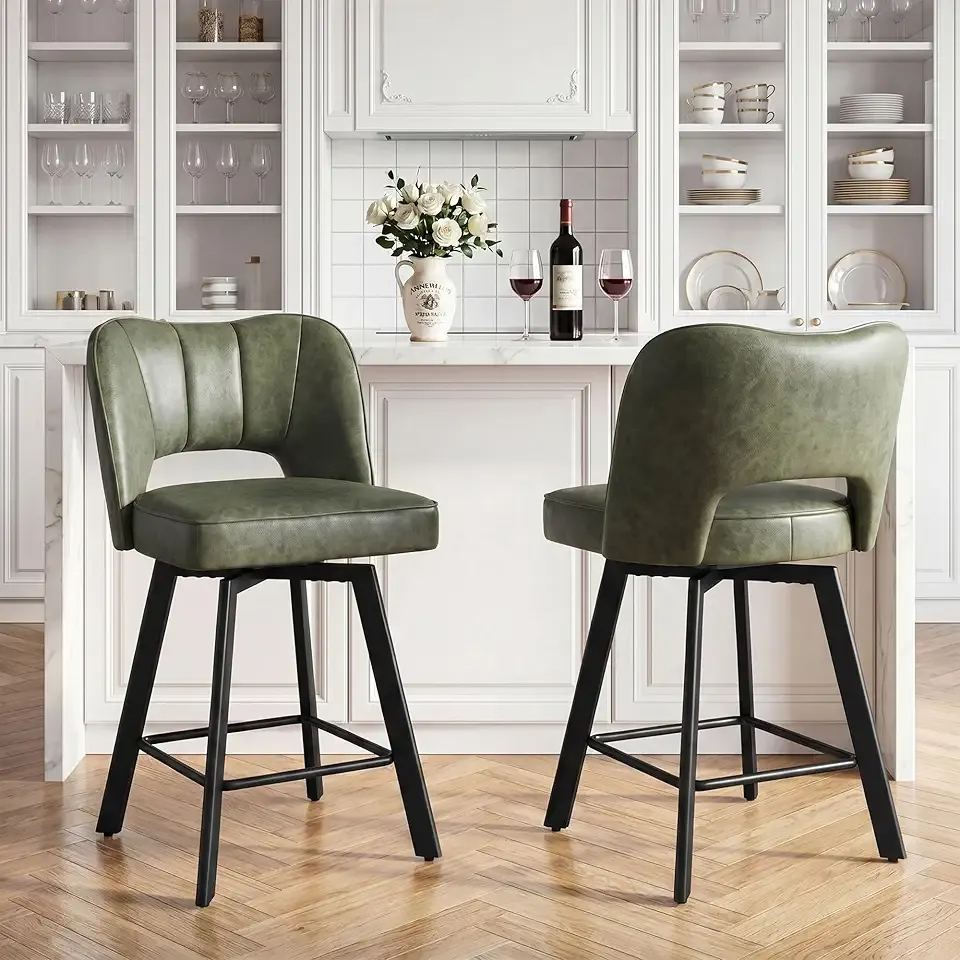 Homkdom Bar Stools Set of 2, 26 Inch Counter Height Swivel Bar Stools for Kitchen Island, Faux Leather Bar Stools with Back and Footrest, 360° Swivel, Metal Legs, 350 lbs, Olive Green