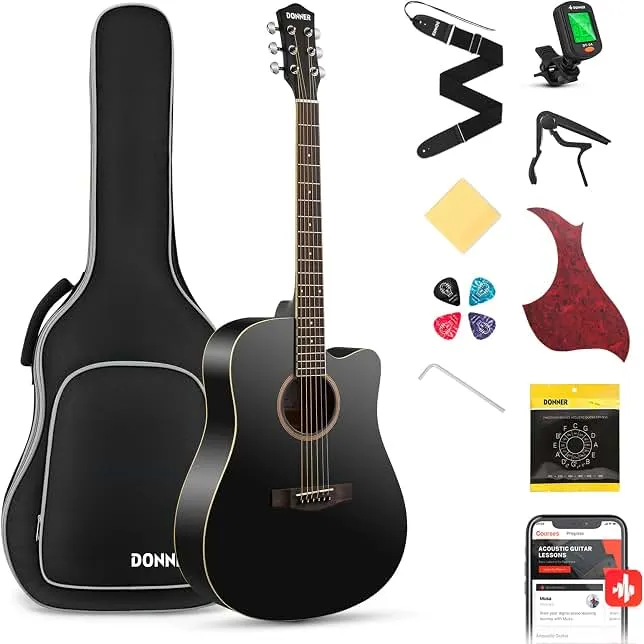 Donner Black Acoustic Guitar for Beginners, Adult, Teens, Starter Kits - Full Size 41'' Steel-String Acustica Guitarra Bundle Set with Free Onlin…