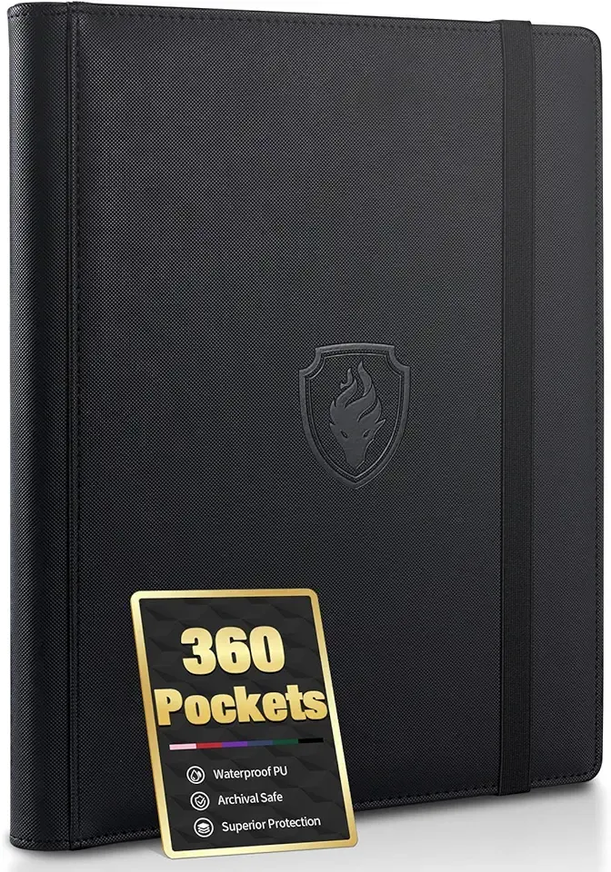 Premium 9 Pocket Card Binder for 360 Cards, Fabmaker PU Cover Trading Card Binder, Sturdy Card Collection Album, Sleek Card Holder Folders for Game Cards & Sports Cards, Black