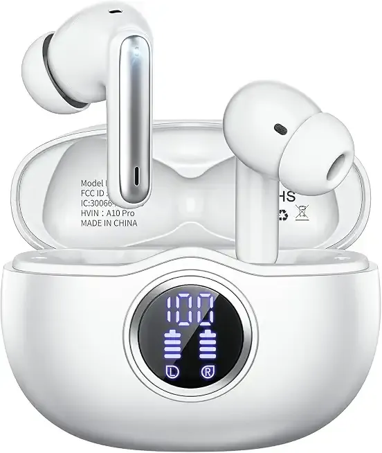 Wireless Earbuds, Bluetooth 6.0 Headphones HiFi Stereo 50H Playback LED Digital Display Ear Buds with ENC Noise Canceling Headset, IPX7 Waterproof Earphones for Gym/Running/Work（White）