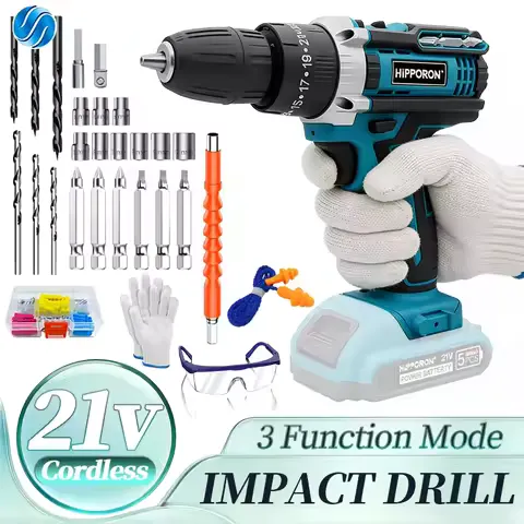 HIPPCRON 21V 10mm Cordless Impact Drill Driver Kit 25 GEARS+3 FUNCIONS Torque Settings with 3/8" Keyless Chuck 1600RPM Portable