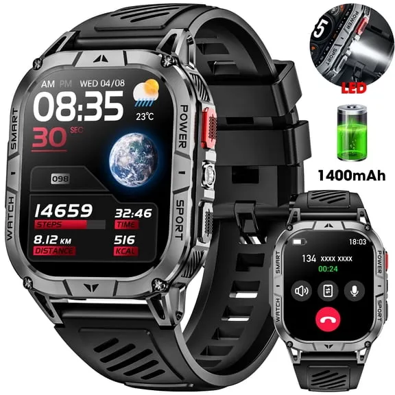 Mingdaln 2.01" AMOLED Men Military Smart watch，with 1400 mAh Large Battery/ Answer Make Calls /100+ Sport Modes/IP68 Waterproof, Pedometer smartWatch fits for Android Iphone Devices (Black)