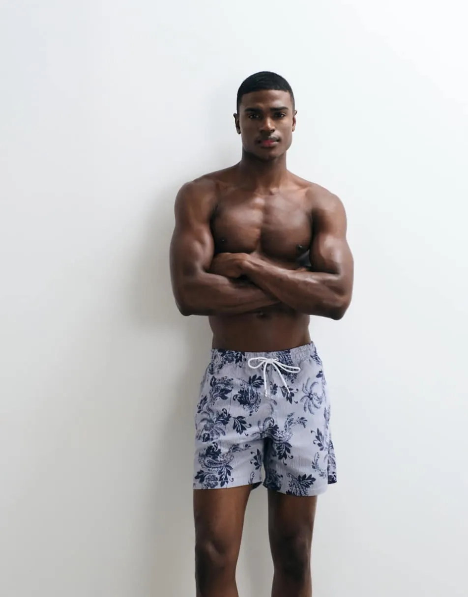Mango floral print striped swim shorts in navy