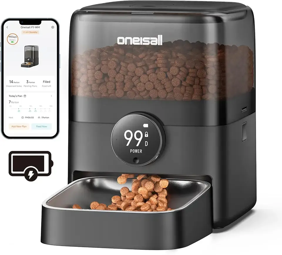 oneisall Automatic Cat Feeder, WiFi Rechargeable 100-Day Battery Operated Pet Feeder, 12 Cups/3L Dry Food Dispenser for Large Kibble, Smart App Control (Black)