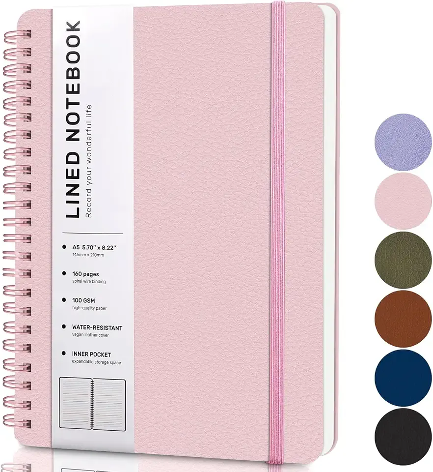 ABERLLS Pink Lined Spiral Journal Notebook with 160 Pages, 8×5.7in, A5 Spiral Notebook, Journaling Notebooks for Work, School, Women, Men, College Ruled Spiral Notebook, Hardcover Leather Journals