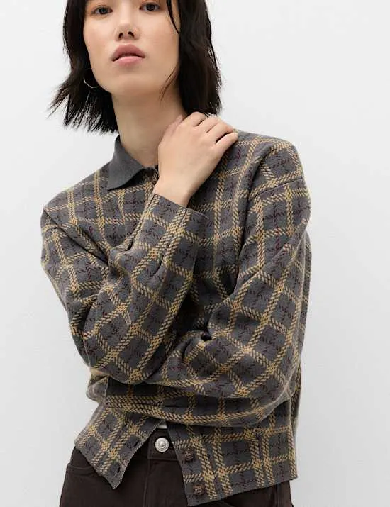 Checked Collared Button Front Cardigan with Wool