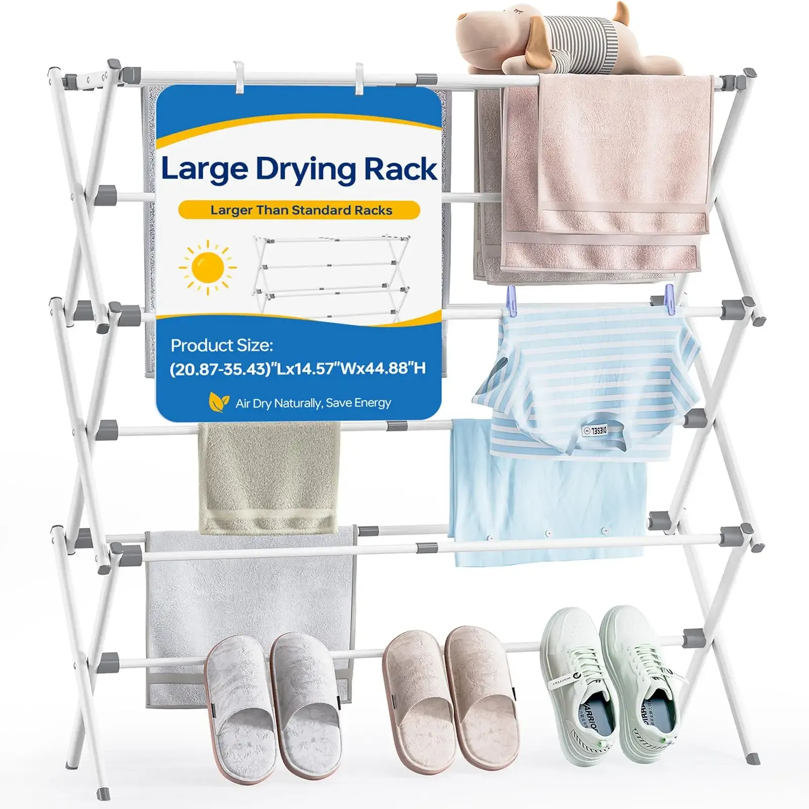 Extra Large Clothes Drying Rack, 14.57" D × 44.88" H | Foldable & Extendable, Adjustable Size (20.87"-35.43"L), Space-Saving, Rust-Resistant Frame, Indoor/Outdoor Use, White