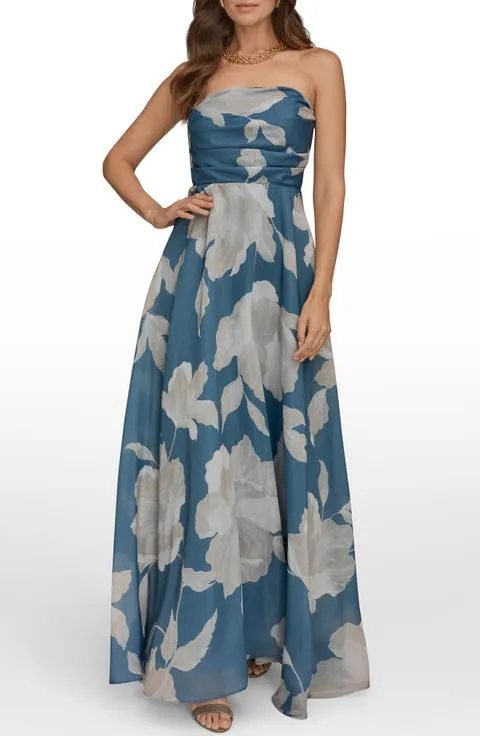 Strapless Floral Print Gown