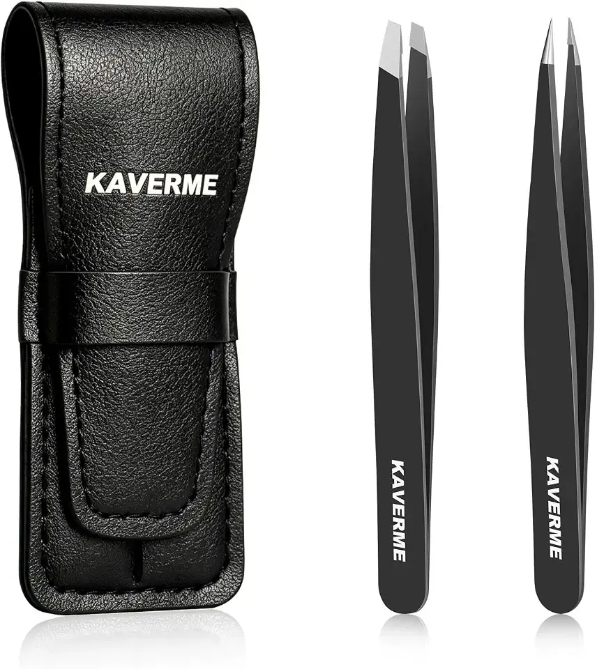 2Pcs Tweezers Set - Upgrade Professional Precision Slant and Point Tips for Eyebrows, Facial Hair and Ingrown Hair Removal (Black)