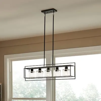 Aries Mason Jar 6 -Light Matte Black and Brown Wood Grain Farmhouse Textured glass Linear Large Hanging Kitchen Island Light
