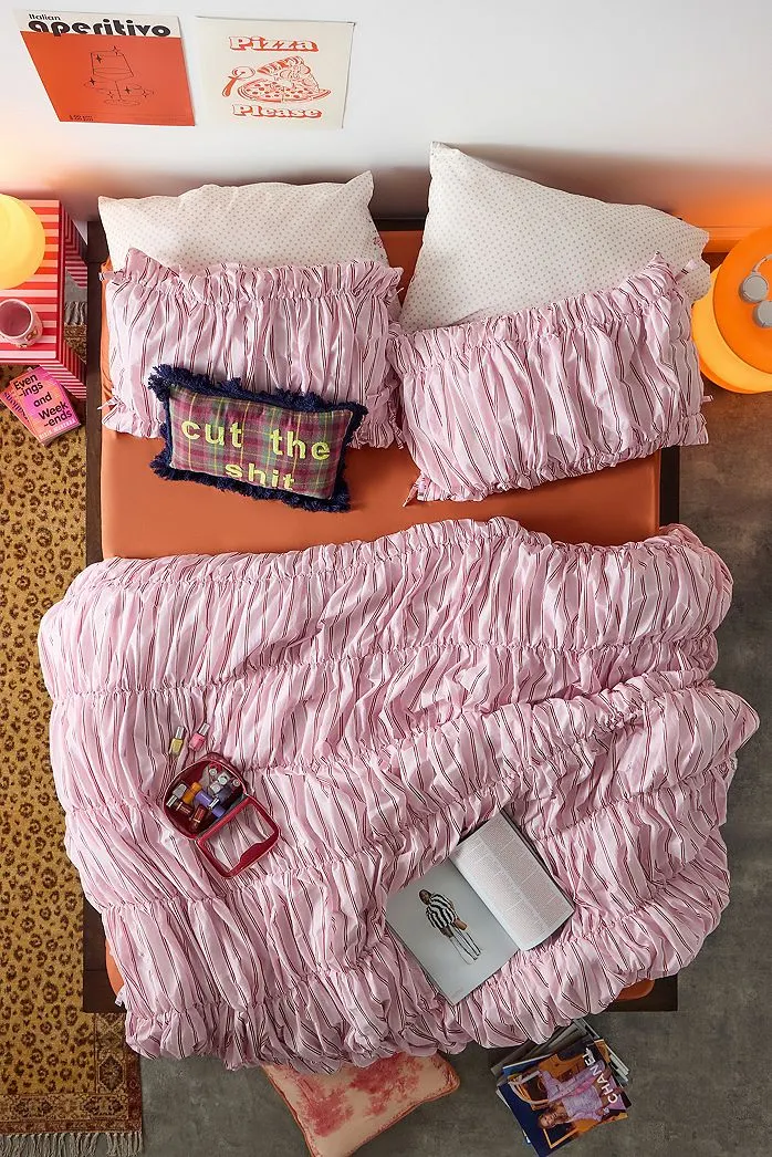 Set Copripiumino Arricciato a Righe Rosa