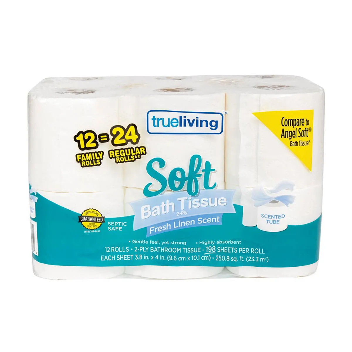 True Living Soft 2-Ply Bath Tissue Rolls, Fresh Linen Scent, 12 ct