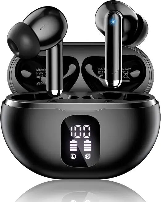Wireless Earbuds, Bluetooth 5.4 Headphones Bass Stereo Ear Buds with Noise Cancelling Mic, LED Display in Ear Earphones 50H Playtime Ear Buds, IP7 Waterproof for Laptop Pad Phones Workout Black