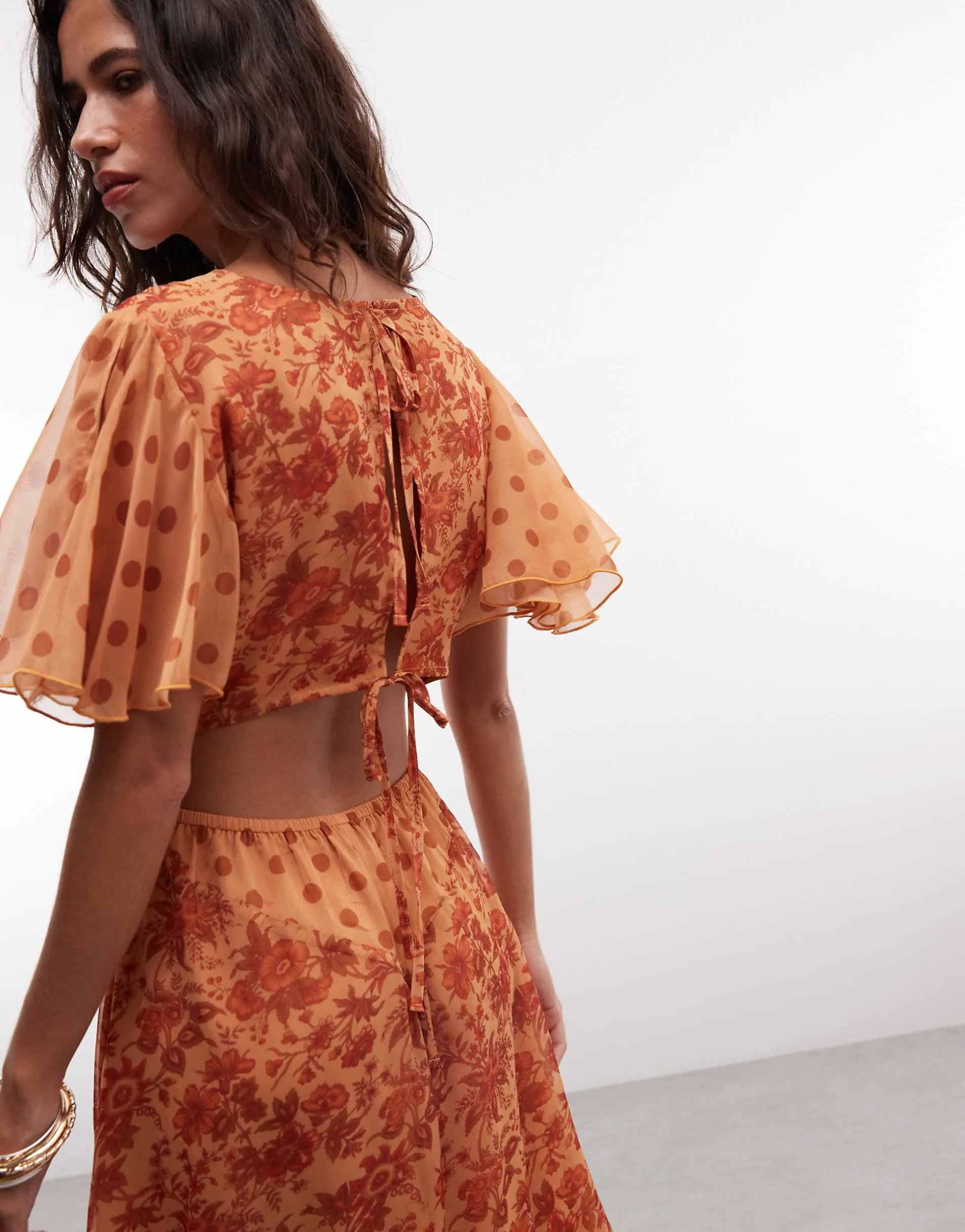 Reclaimed Vintage midi tea dress with fluttter sleeves in rust floral