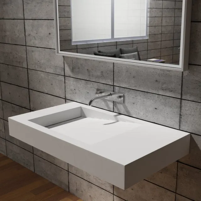 BERNSTEIN - Lavabo de pared, blanco mate, 100x50x12cm, de hormigón mineral, para montaje en pared, sin orificio para grifería - PB2155
