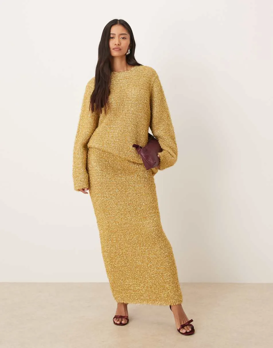 ASOS DESIGN tinsel oversized jumper and midaxi skirt co-ord in gold