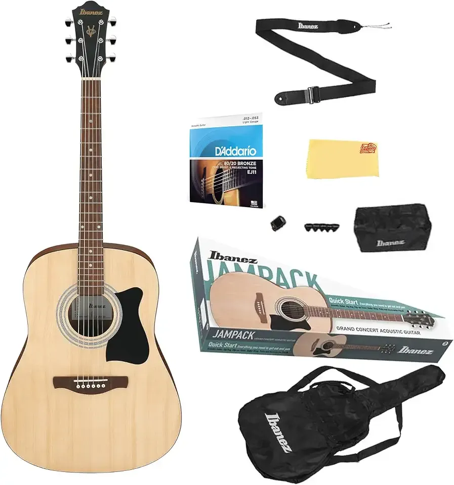 Ibanez IJV50 JamPack Dreadnought Acoustic Guitar Pack - Open Pore Natural Bundle with Gig Bag, Tuner, Strings, Pouch, Strap, Picks and Austin Bazaar Polishing Cloth