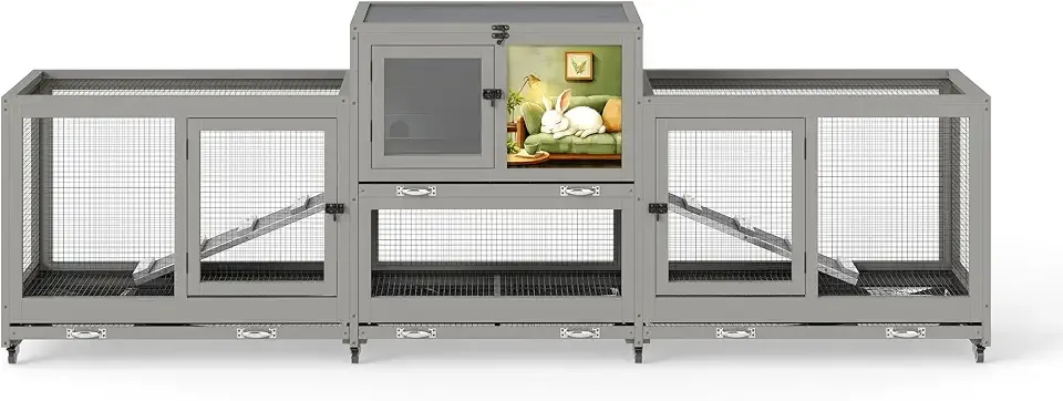 COZIWOW Indoor 94.5IN Large Rabbit Hutch 3 Sections Wooden Bunny Cage with Rolling Wheels, Pull Out Tray & Air Vent, Spacious 2-Tier Rabbit House for Rabbit