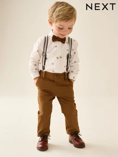 Tan Brown Bear Shirt Trousers Braces & Bow Tie Set (3mths-9yrs)