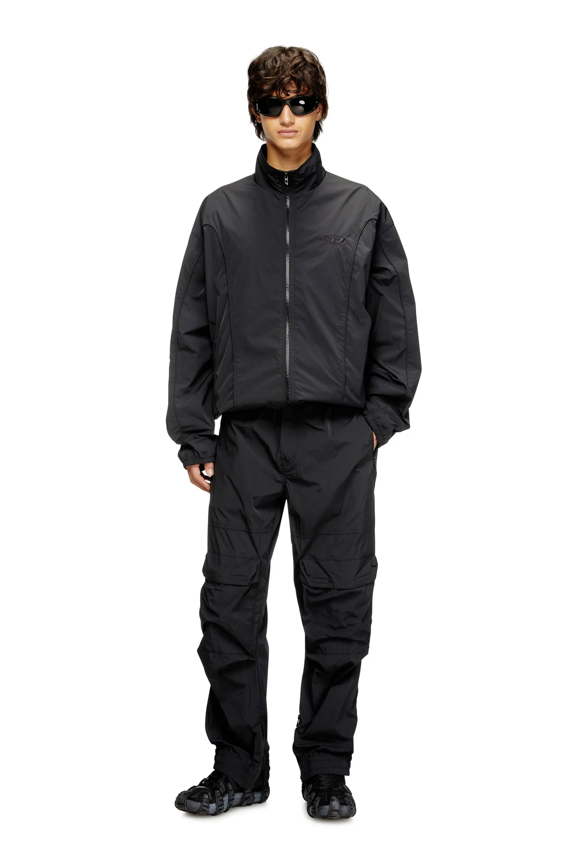 Crinkled-nylon jacket with piping