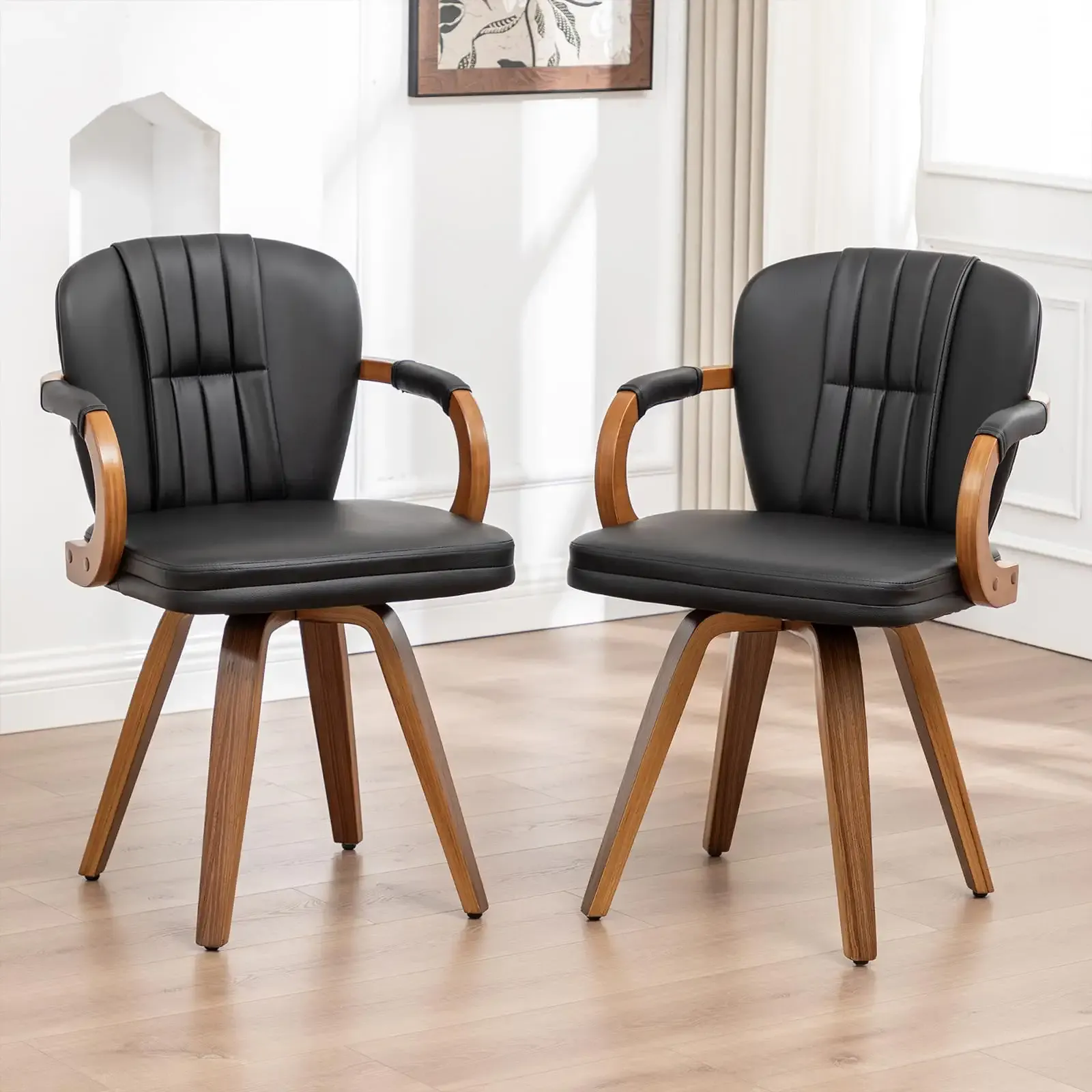 Swivel Dining Chairs Set of 2,Mid Century Modern Black Leather Upholstered Kitchen Chairs with Bentwood Frame Armrests,Comfortable Ergonomic Wood Accent Chair
