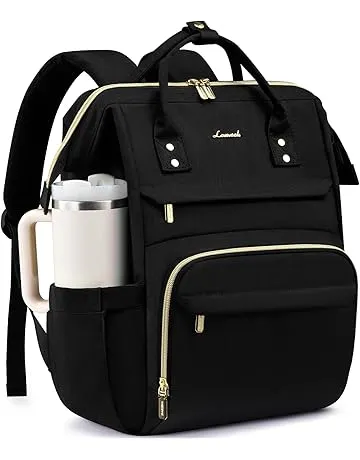 LOVEVOOK Laptop Backpack for Women with Giant Tumbler Holder Pocket,15.6 inch Waterproof Travel Backpack Purse Computer Laptop Bag,Professional Work College Nurse Teacher Backpack Casual Daypack,Black