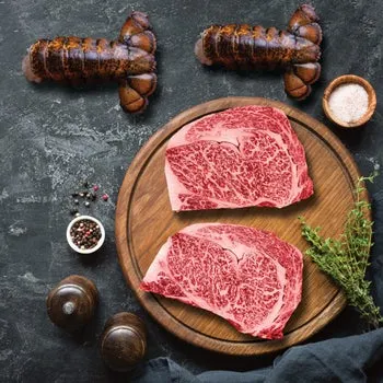 Authentic Wagyu Surf & Turf Pack, (2/17-20 Oz. Cold Water Lobster Tails with (2/14 Oz.Per Steak) Japanese A5 Wagyu Ribeye Steaks