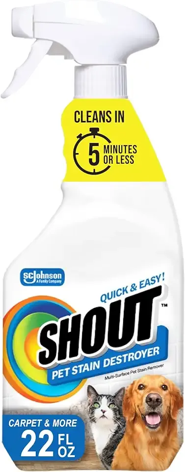 Shout Pet Stain Remover Spray, Color-Safe Multisurface & Carpet Cleaner Solution for Dog & Cat Urine, Feces, Vomit & Mud, Fights Odors & Remarking, Fast-Acting Cleans in 5 Minutes or Less, 22oz